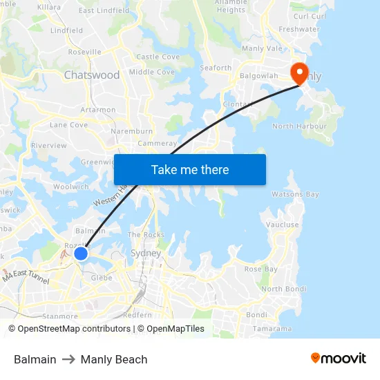 Balmain to Manly Beach map