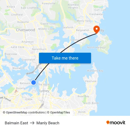 Balmain East to Manly Beach map
