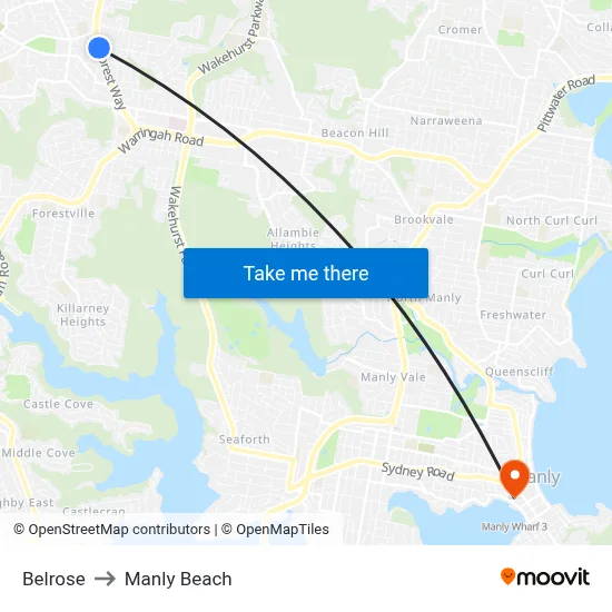 Belrose to Manly Beach map