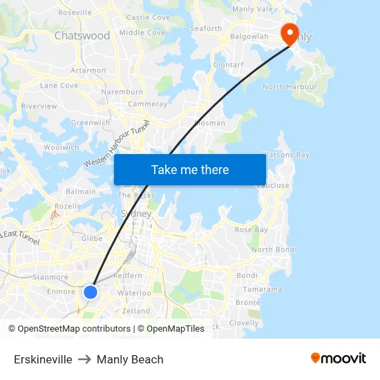 Erskineville to Manly Beach map