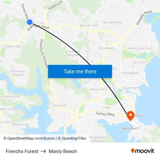 Frenchs Forest to Manly Beach map