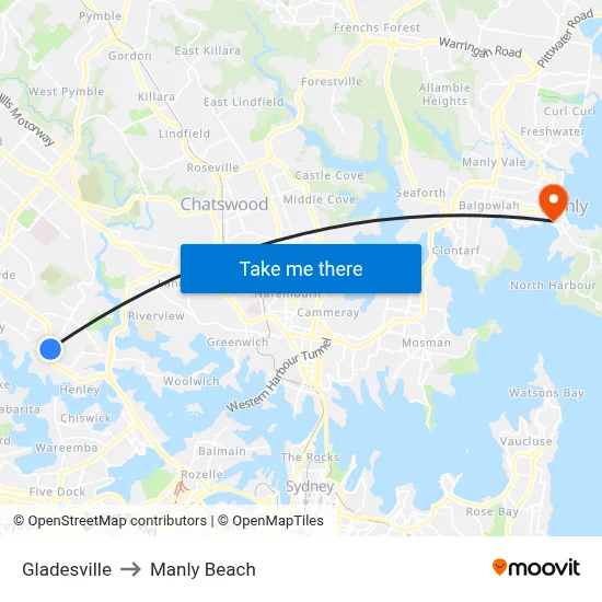 Gladesville to Manly Beach map