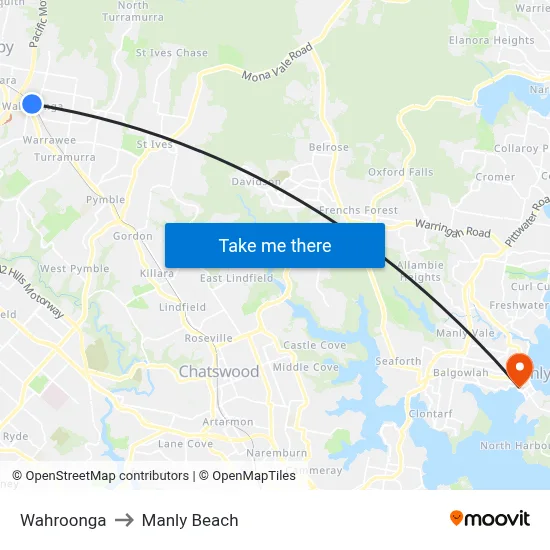 Wahroonga to Manly Beach map