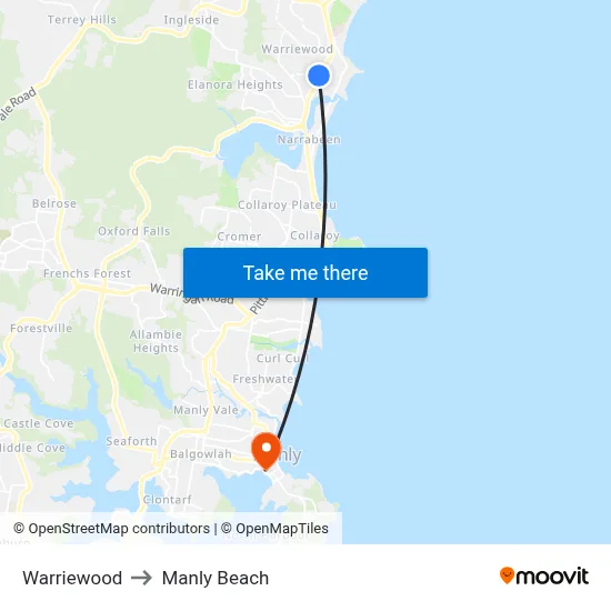 Warriewood to Manly Beach map