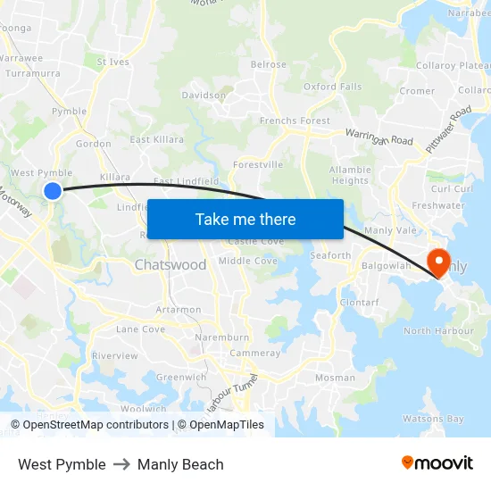 West Pymble to Manly Beach map
