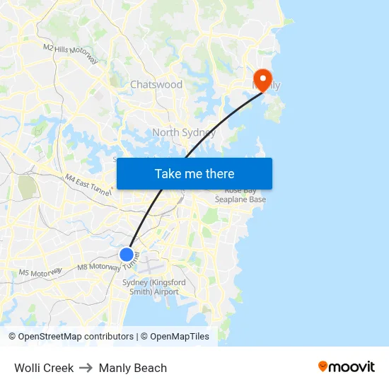 Wolli Creek to Manly Beach map