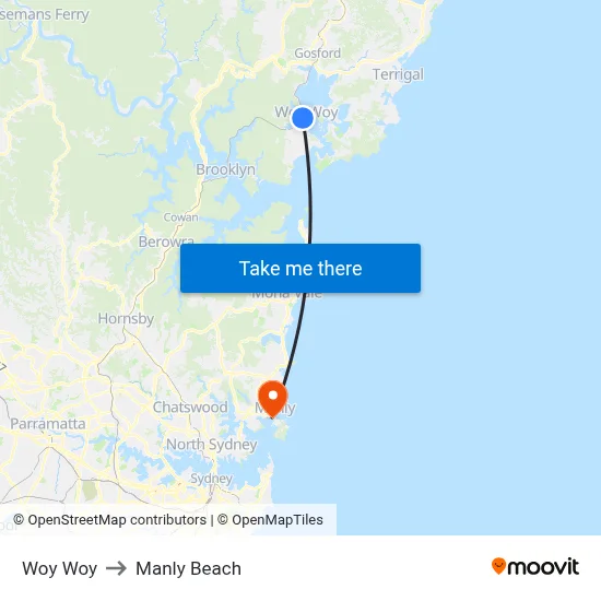 Woy Woy to Manly Beach map