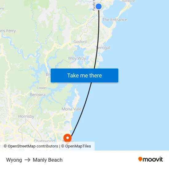 Wyong to Manly Beach map
