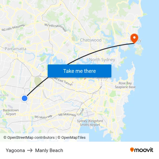 Yagoona to Manly Beach map