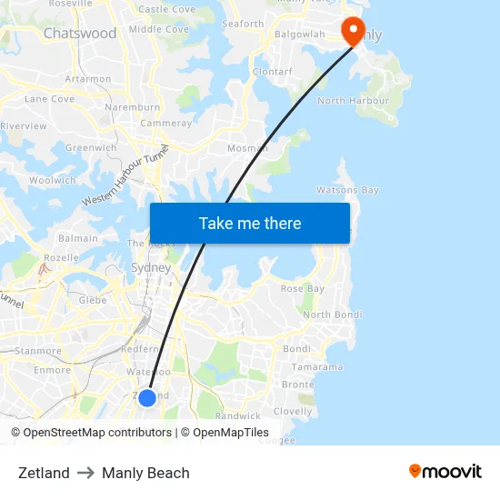 Zetland to Manly Beach map