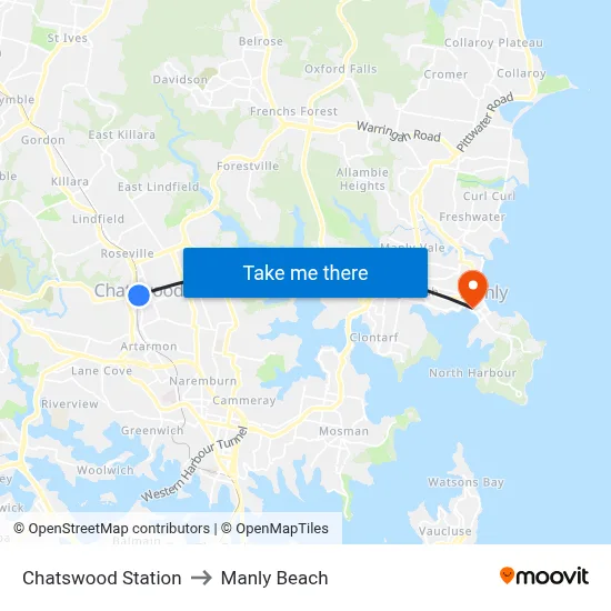 Chatswood Station to Manly Beach map