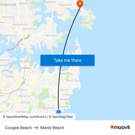 Coogee Beach to Manly Beach map