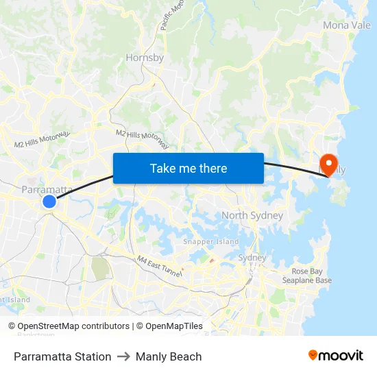 Parramatta Station to Manly Beach map