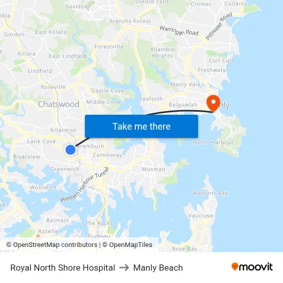 Royal North Shore Hospital to Manly Beach map