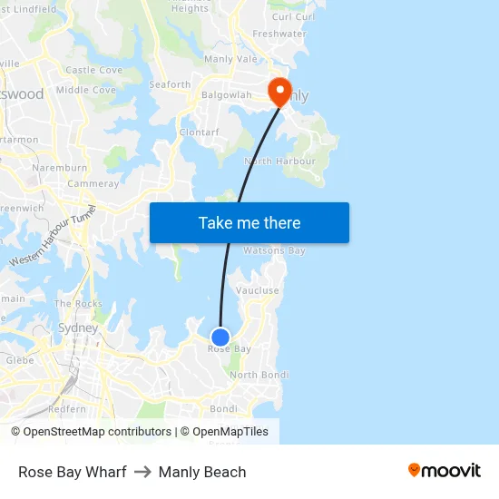 Rose Bay Wharf to Manly Beach map