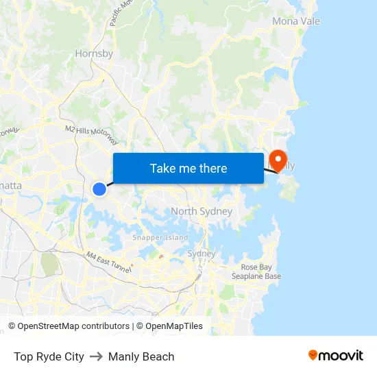 Top Ryde City to Manly Beach map