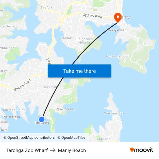 Taronga Zoo Wharf to Manly Beach map