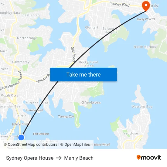 Sydney Opera House to Manly Beach map