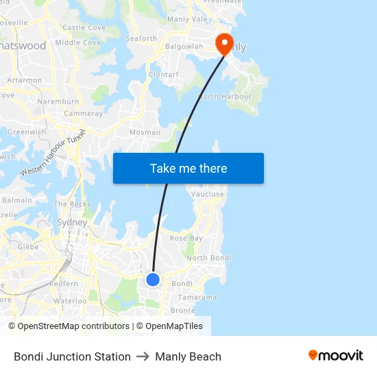 Bondi Junction Station to Manly Beach map