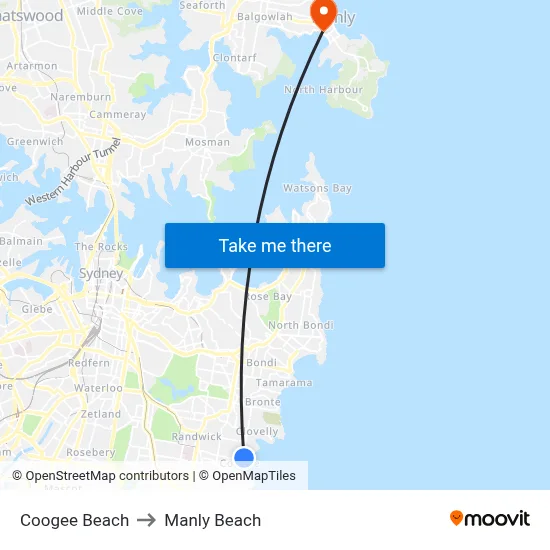 Coogee Beach to Manly Beach map