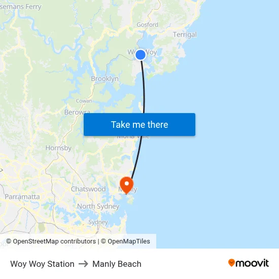 Woy Woy Station to Manly Beach map
