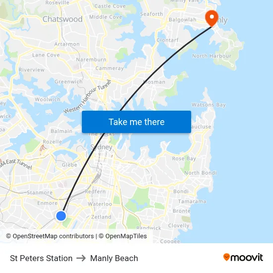 St Peters Station to Manly Beach map