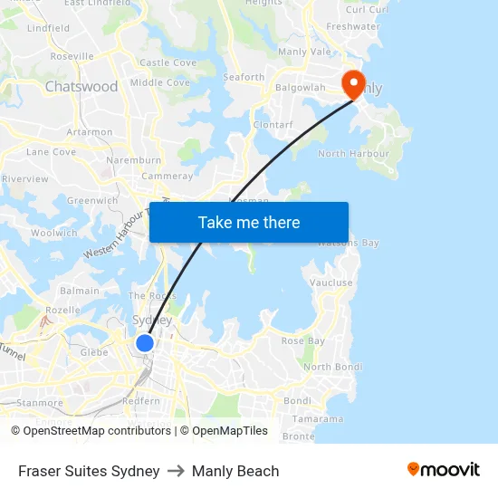 Fraser Suites Sydney to Manly Beach map
