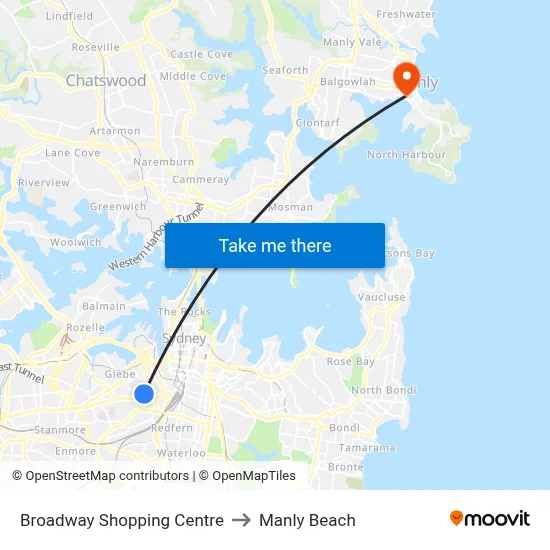 Broadway Shopping Centre to Manly Beach map
