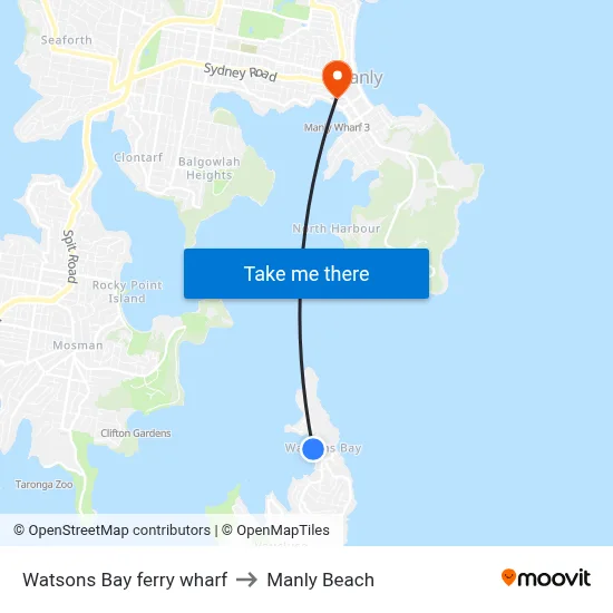 Watsons Bay ferry wharf to Manly Beach map
