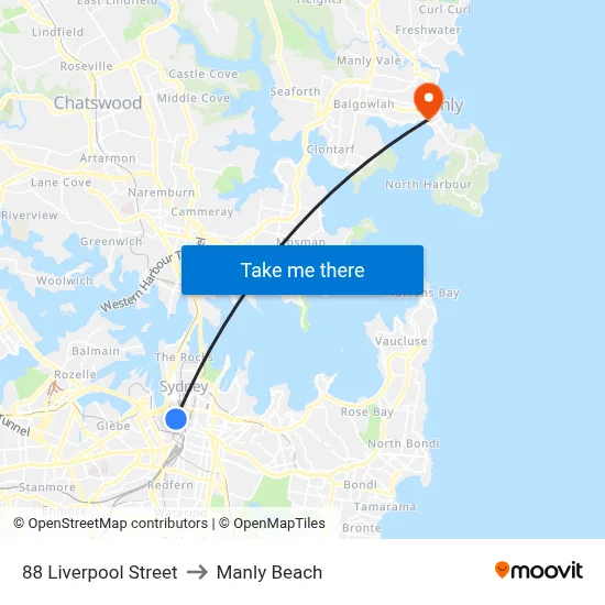 88 Liverpool Street to Manly Beach map