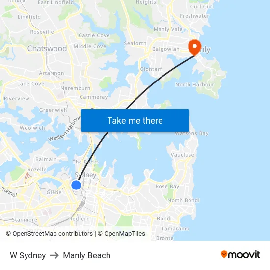 W Sydney to Manly Beach map