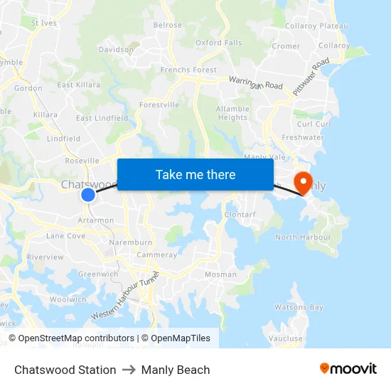 Chatswood Station to Manly Beach map