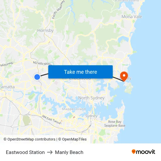 Eastwood Station to Manly Beach map