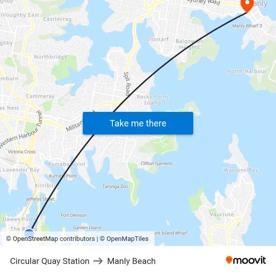 Circular Quay Station to Manly Beach map