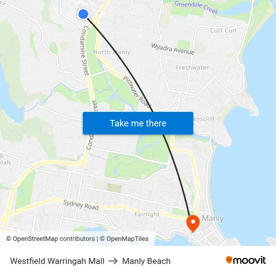 Westfield Warringah Mall to Manly Beach map