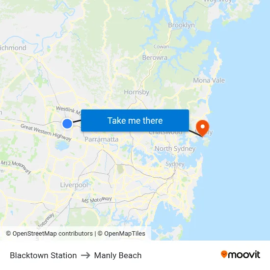 Blacktown Station to Manly Beach map