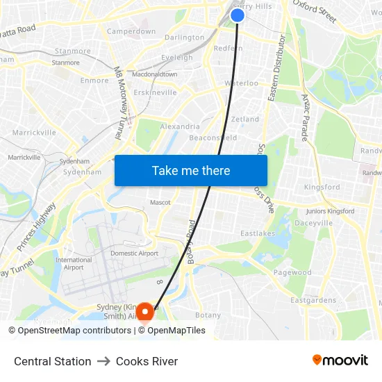 Central Station to Cooks River map