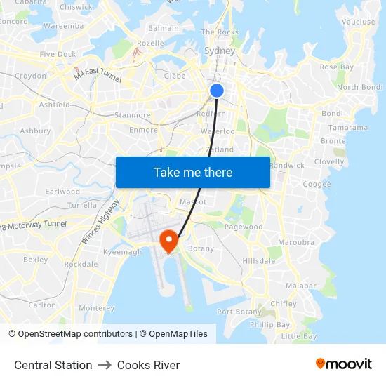 Central Station to Cooks River map