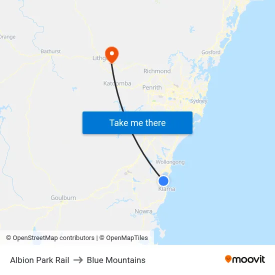 Albion Park Rail to Blue Mountains map