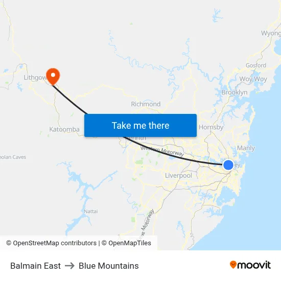 Balmain East to Blue Mountains map