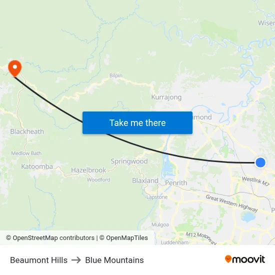 Beaumont Hills to Blue Mountains map