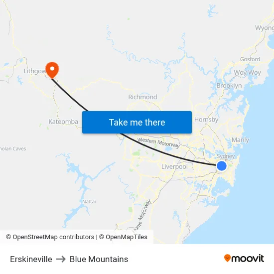 Erskineville to Blue Mountains map