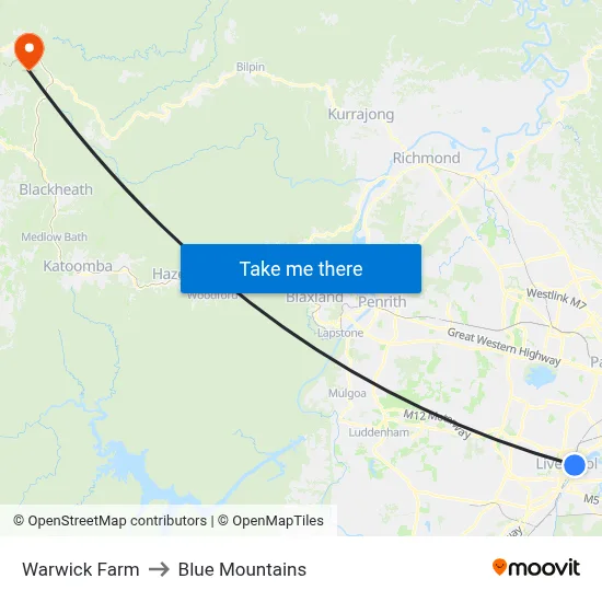 Warwick Farm to Blue Mountains map