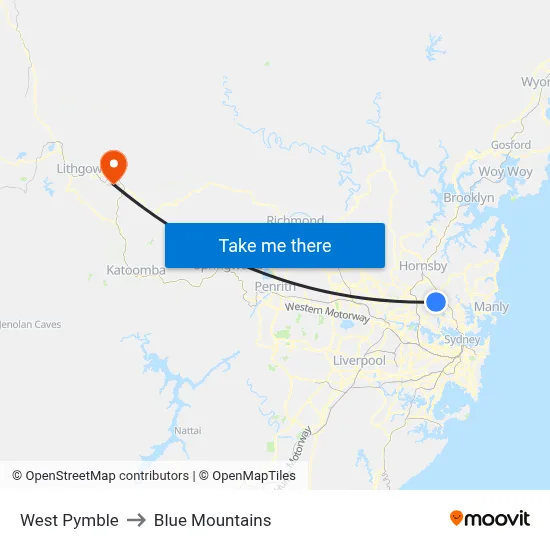 West Pymble to Blue Mountains map