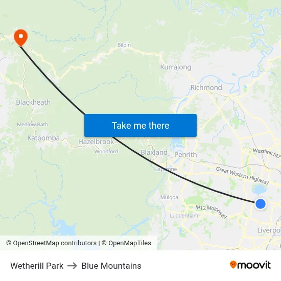 Wetherill Park to Blue Mountains map