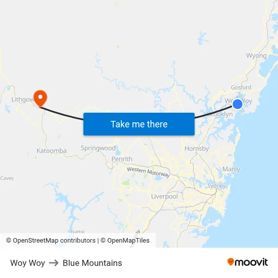 Woy Woy to Blue Mountains map