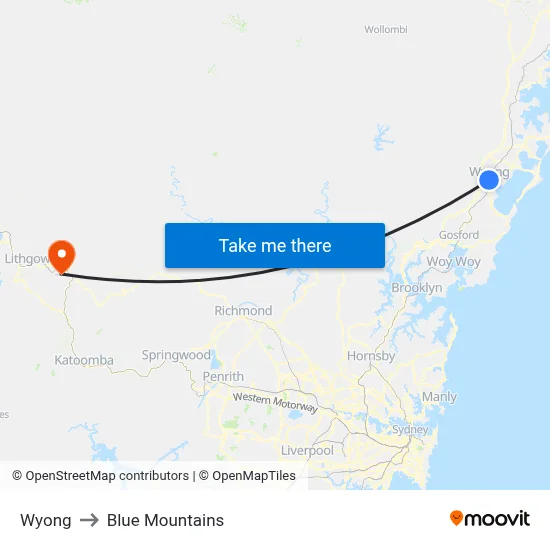 Wyong to Blue Mountains map