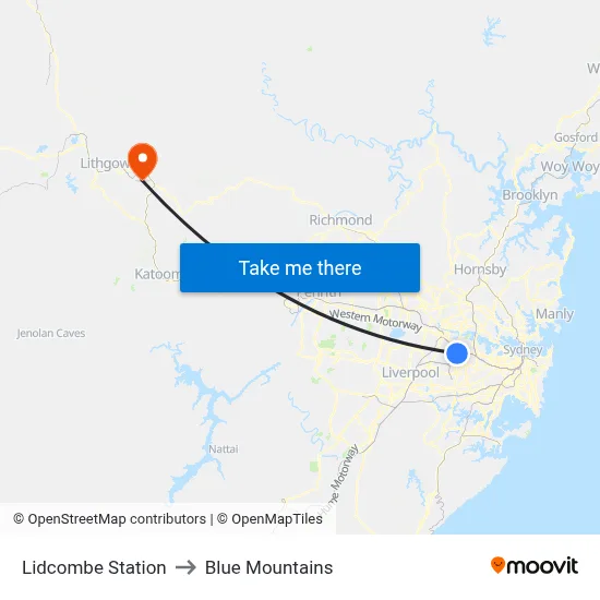 Lidcombe Station to Blue Mountains map