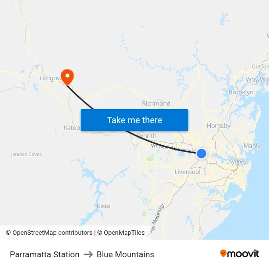 Parramatta Station to Blue Mountains map