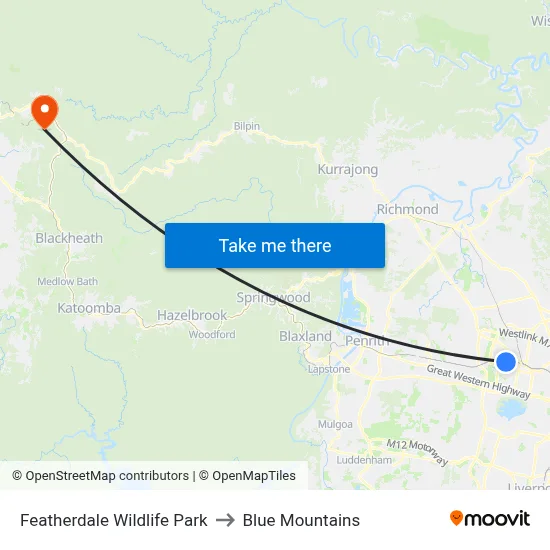 Featherdale Wildlife Park to Blue Mountains map
